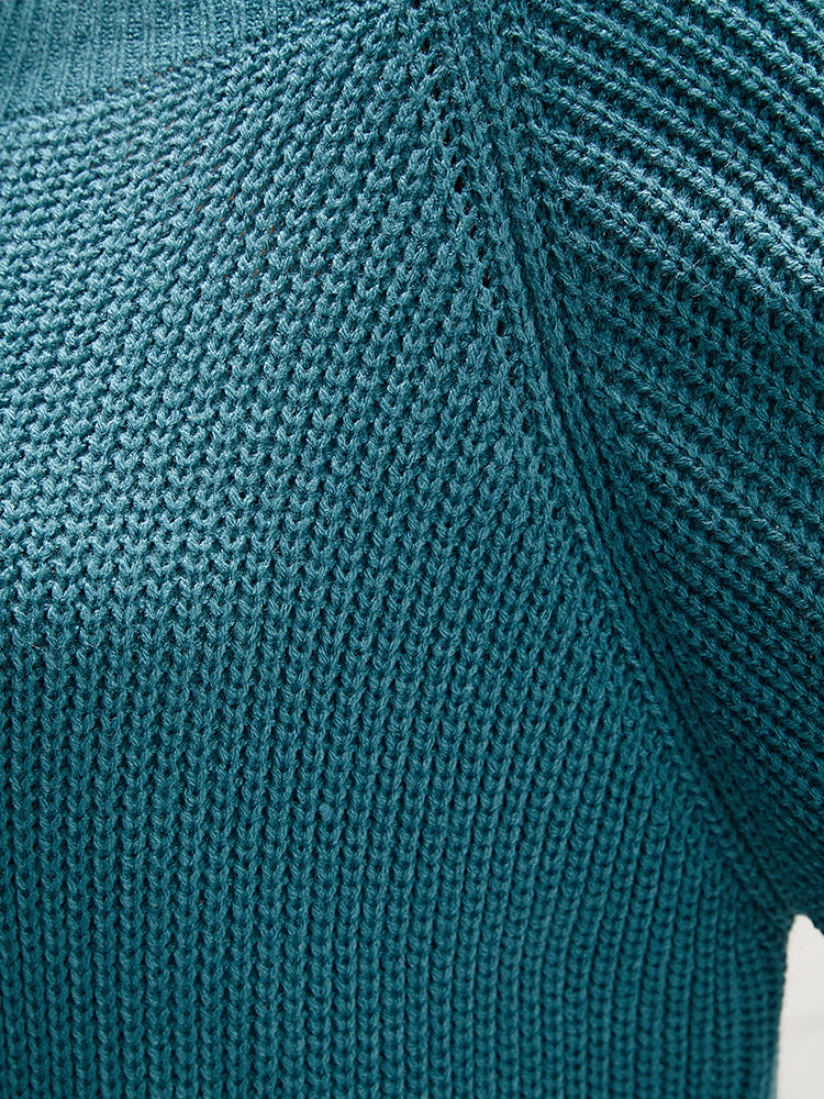 Solid Pointelle Knit Lantern Sleeve Cold Shoulder Knit Top