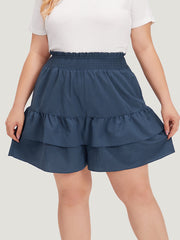 Solid Paperbag Waist Shirred Layered Hem Shorts