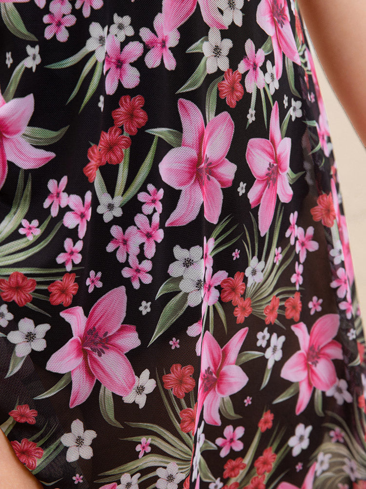 Floral Mesh Hem Crisscross Front Wrap Swim Dress