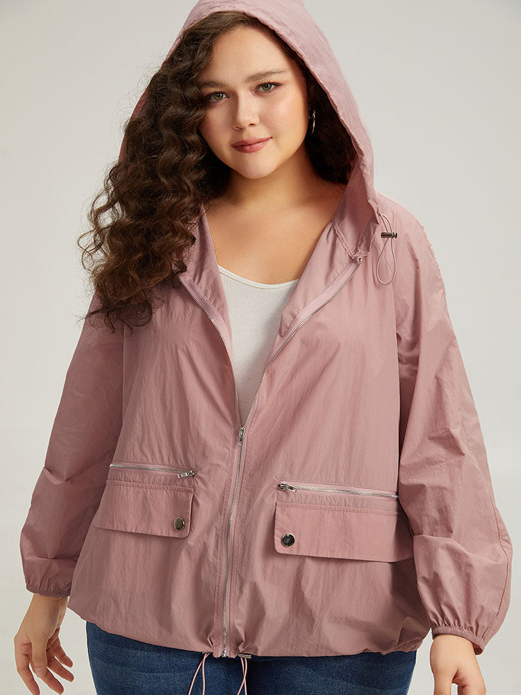 Plain Hooded Pocket Zipper Fly Drawstring Jacket