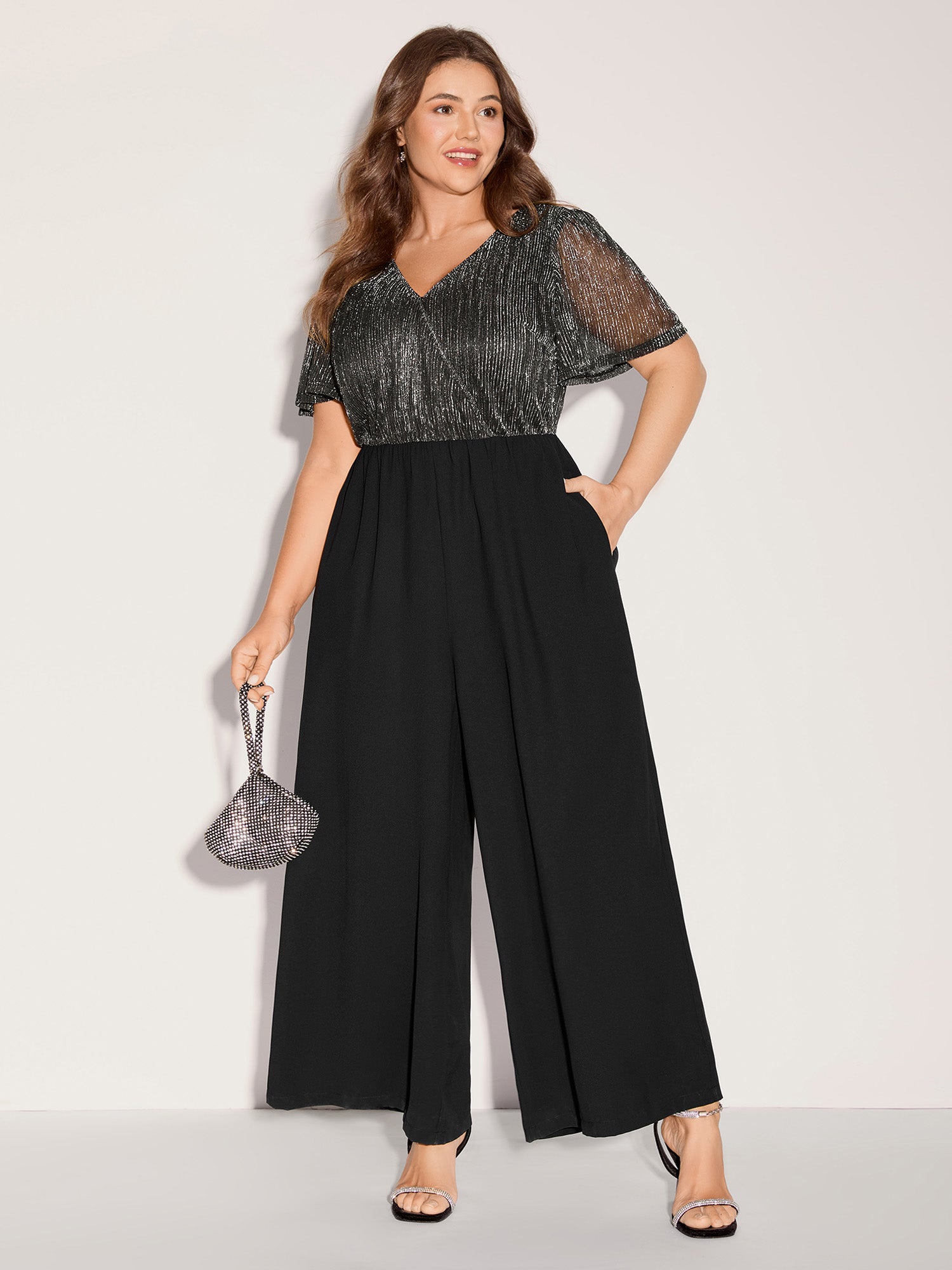 Shimmery Bow Back Tie Contrast Jumpsuit