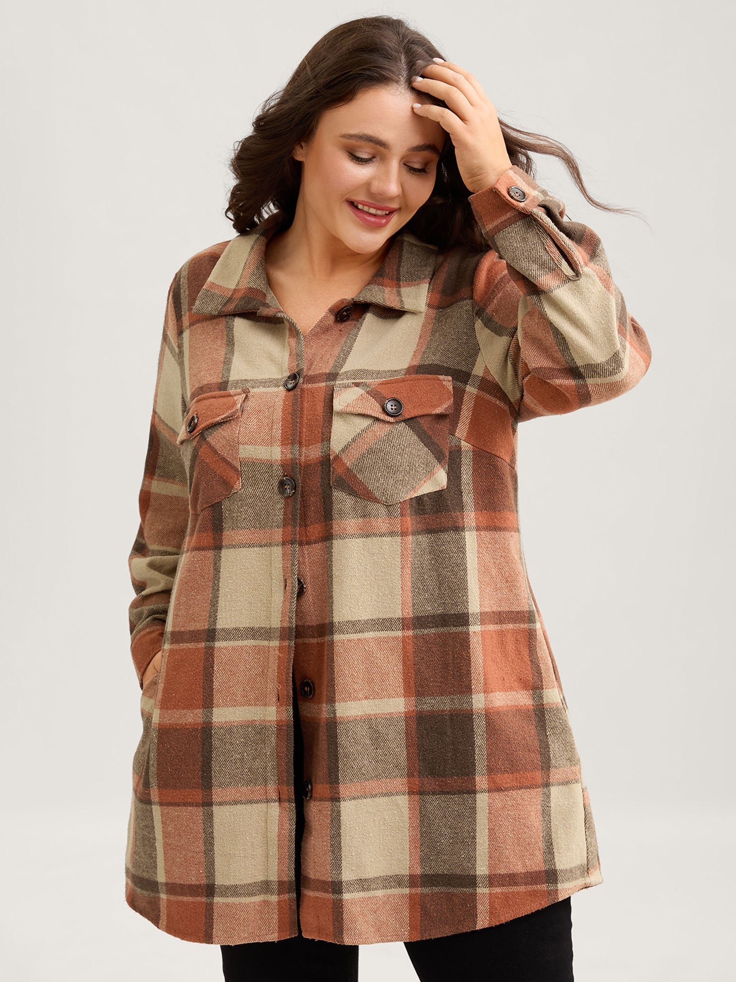 Plaid Chest Pockets Long Jacket