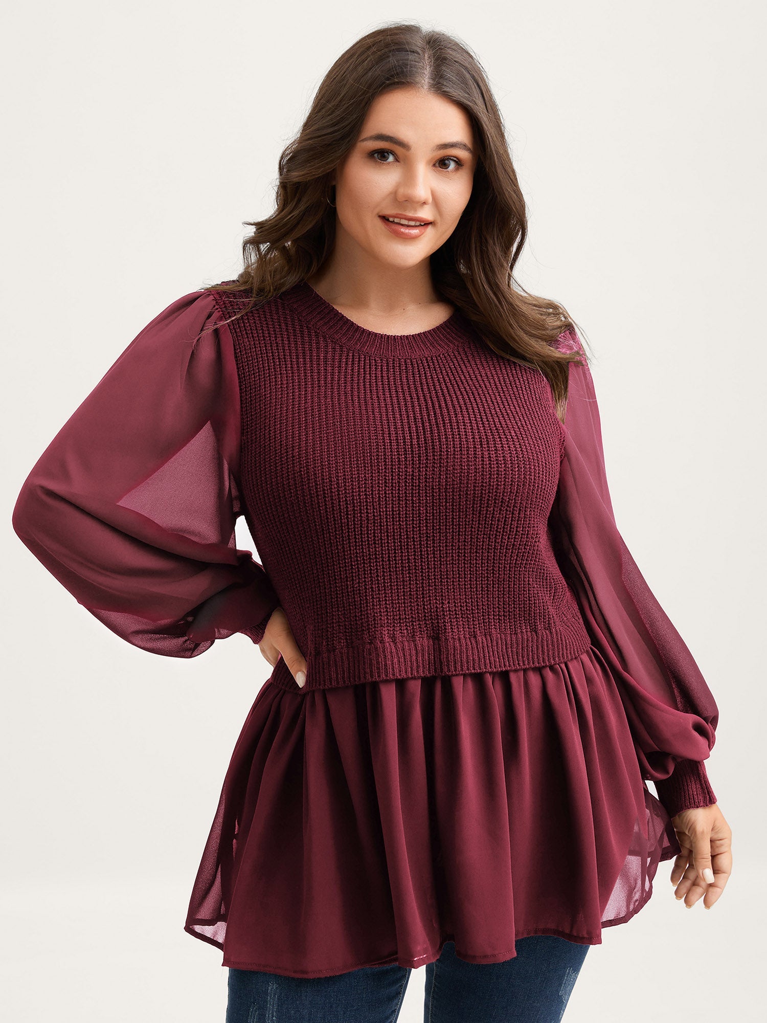 Balloon Sleeve Solid Twofer Sweater