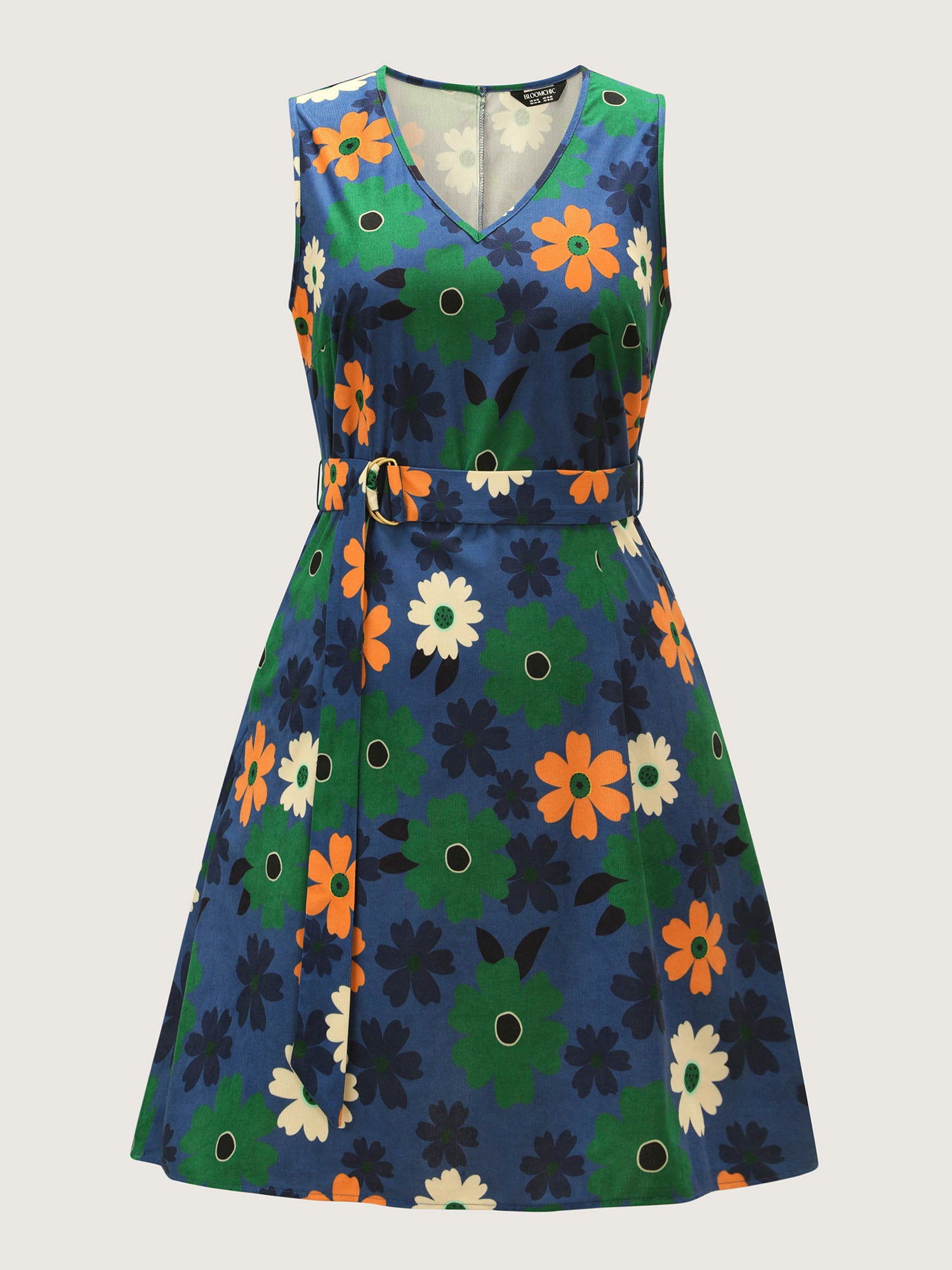 Floral Belted Waist-Defining Knee Dress