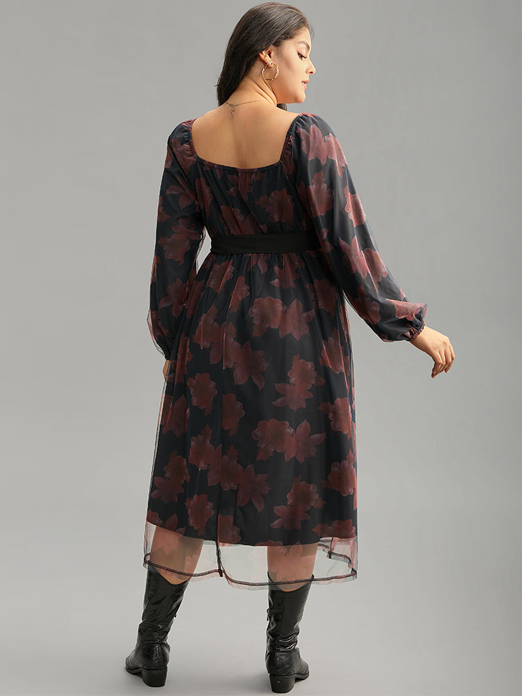 Floral Mesh Belted Gathered Lantern Sleeve Dress