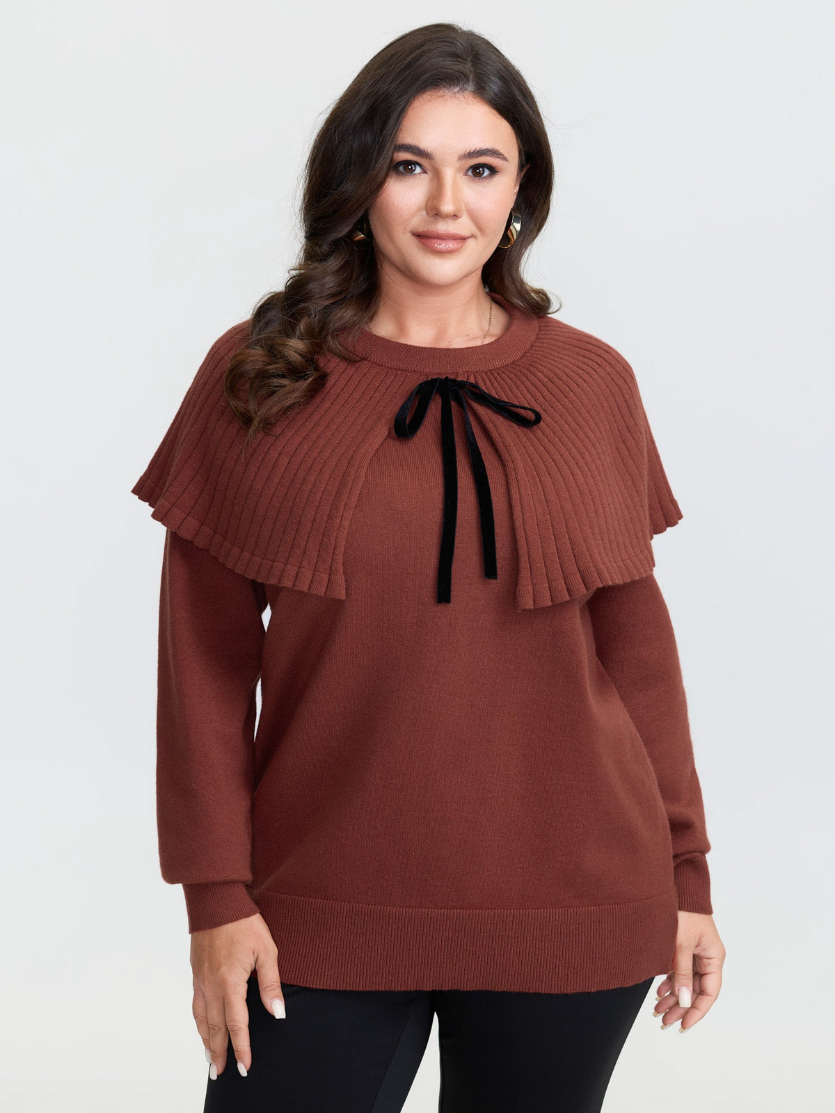 Faux Two-Piece Cape Velvet Bow Pullover