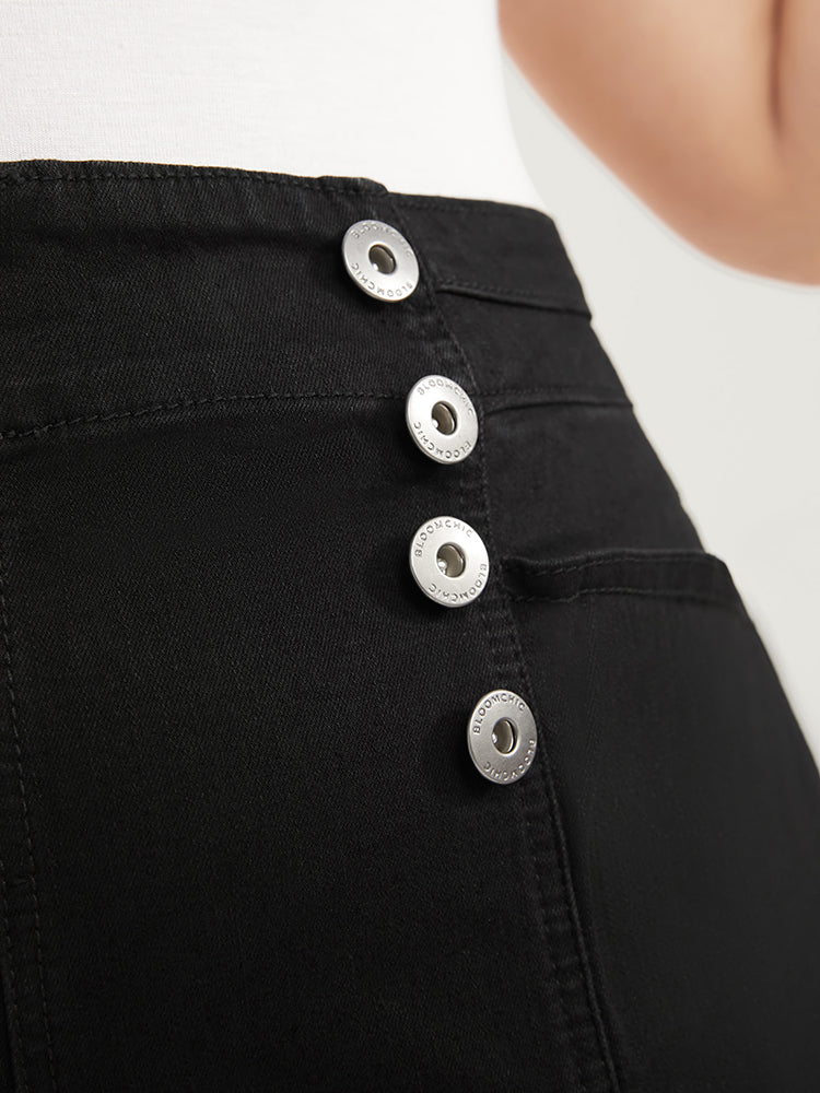 Skinny Slightly Stretchy High Rise Black Wash Button Detail Pocket Jeans