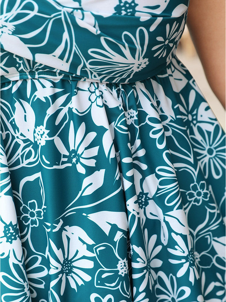 Floral Print Crossover Front Flutter A Line Tankini Top