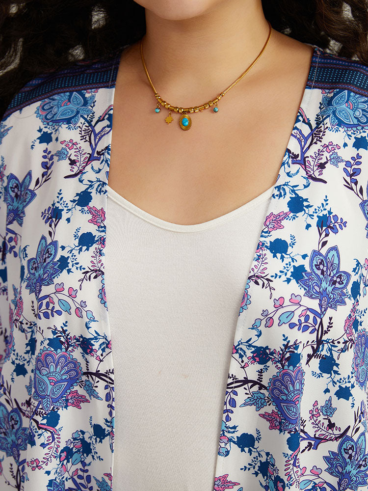 Floral Print Tassels Trim Split Side Kimono