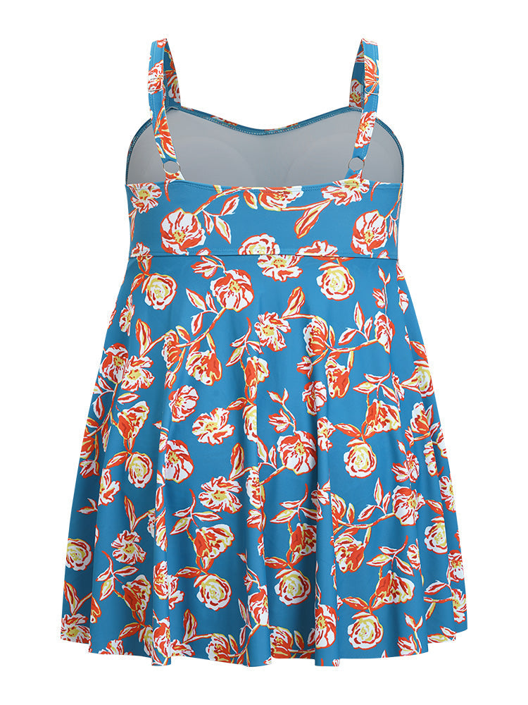 Floral Contrast Crossover Front Ruffles Adjustable Straps Swim Dress