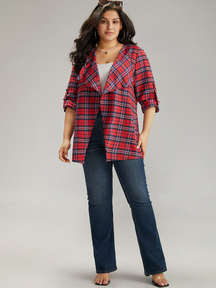 Plaid Asymmetrical Hem Tab Sleeve Jacket