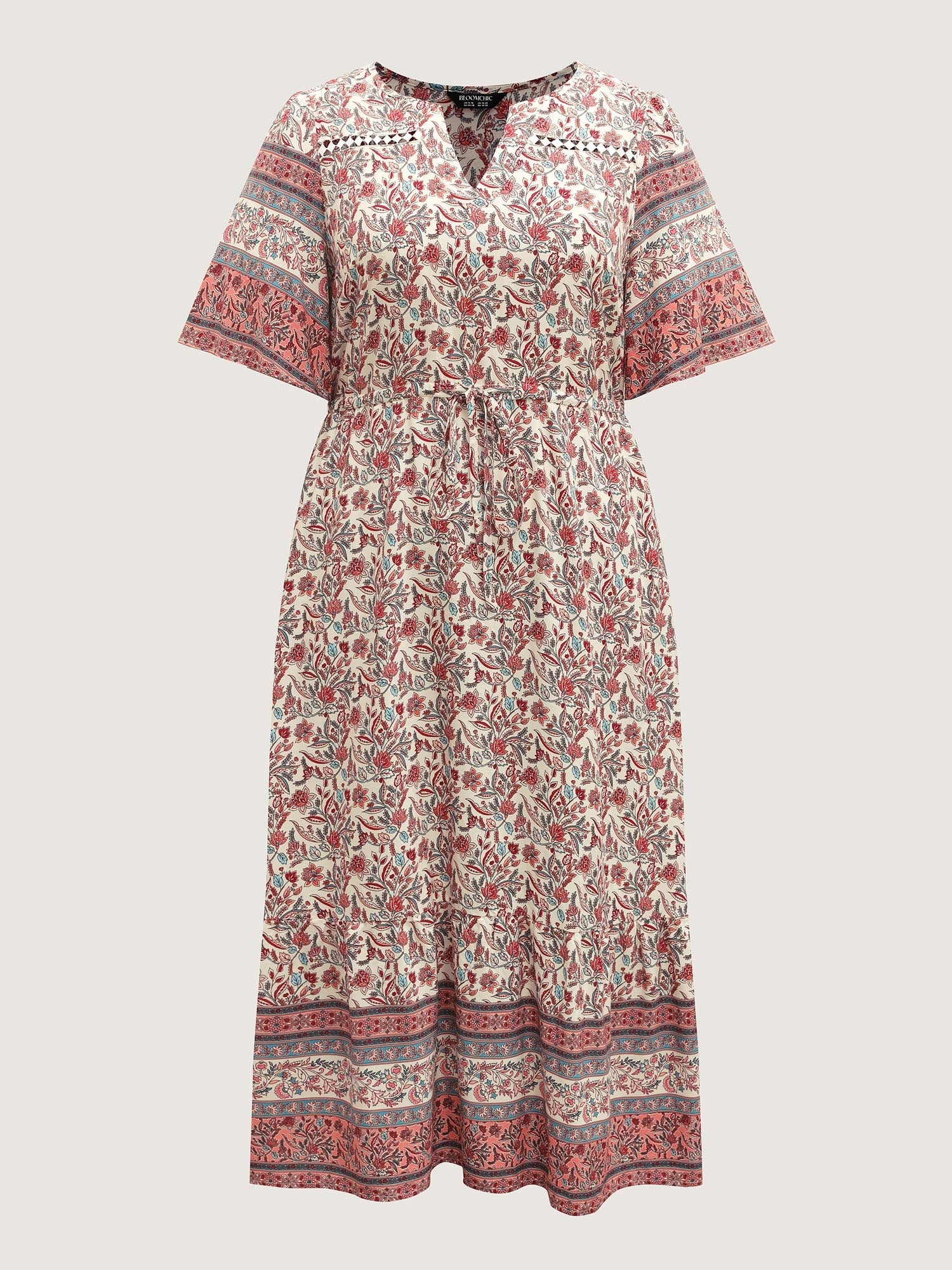 Floral Print Lace Waist Drawstring Maxi Dress