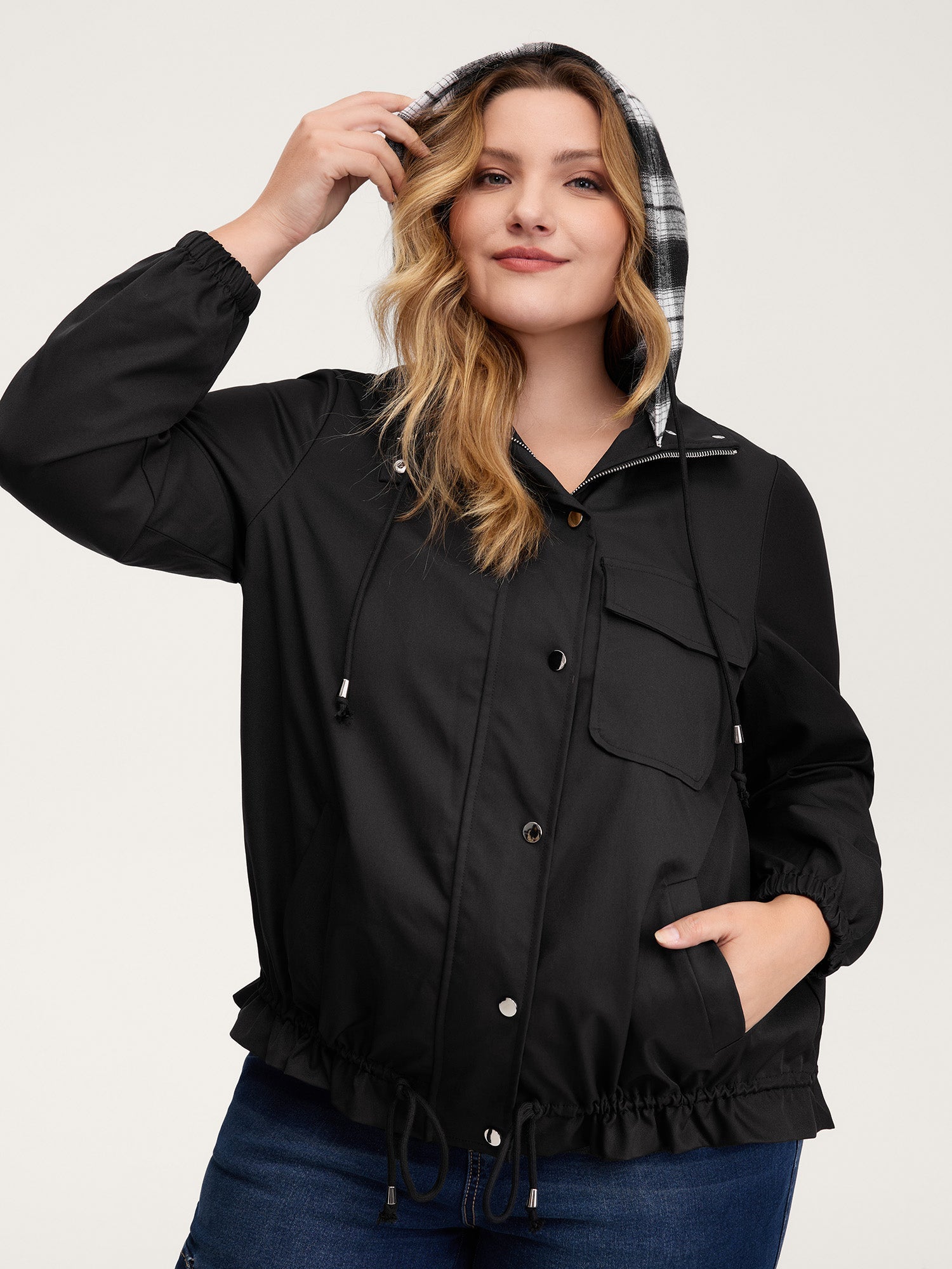 2-in-1 Plaid Hooded Adjustable Drawstring Jacket