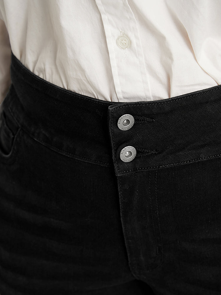 Skinny Slightly Stretchy High Rise Black Wash Double Button Jeans