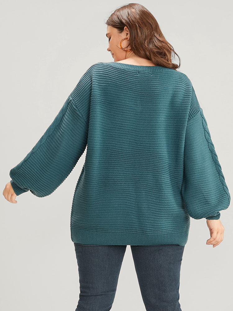 Solid Pointelle Knit V Neck Lantern Sleeve Cable Knit Top