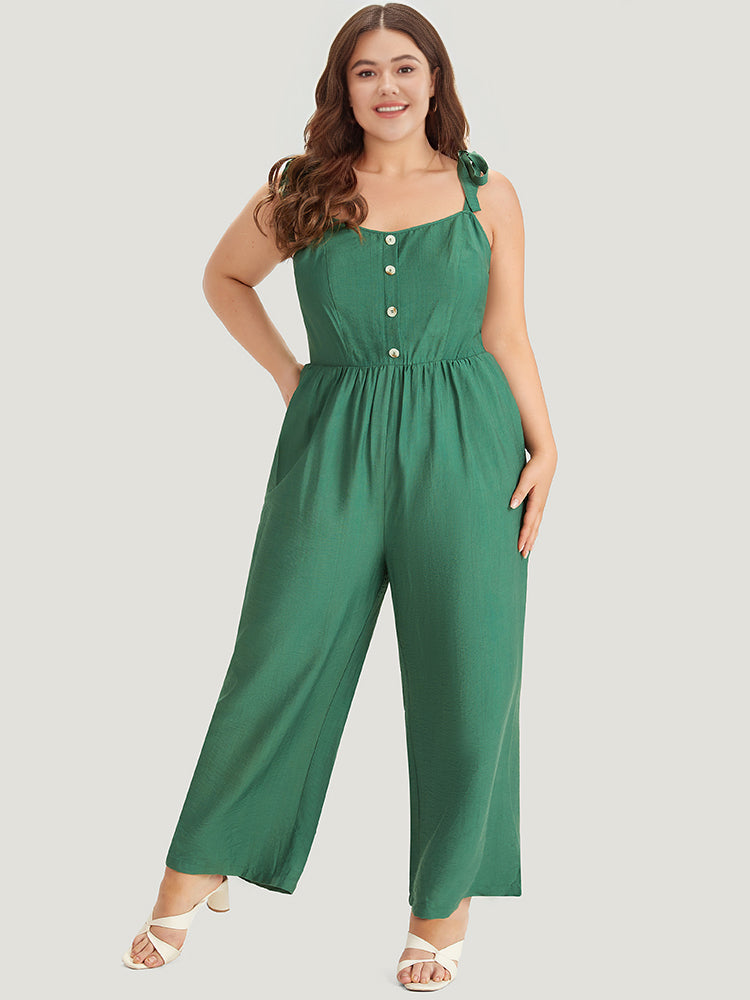 Solid Button Detail Pocket Elastic Waist Knotted Shoulder Jumpsuit