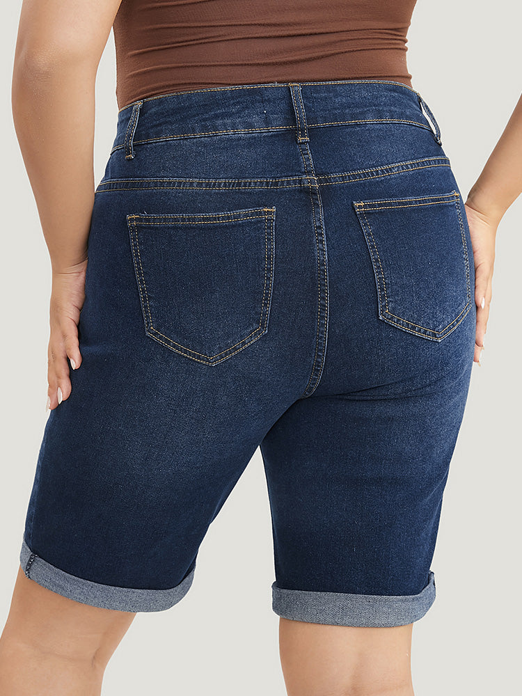 Slightly Stretchy High Rise Dark Wash Distressed Denim Shorts