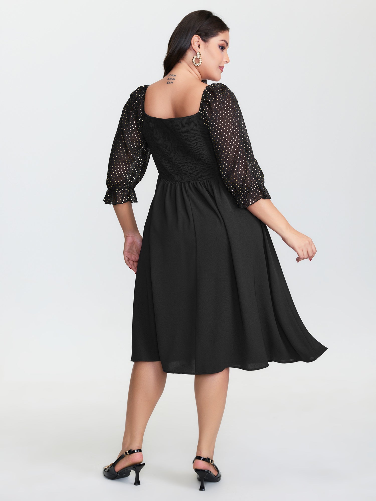 Sheer Sleeve Shirred Stretchy Waist Midi Dress