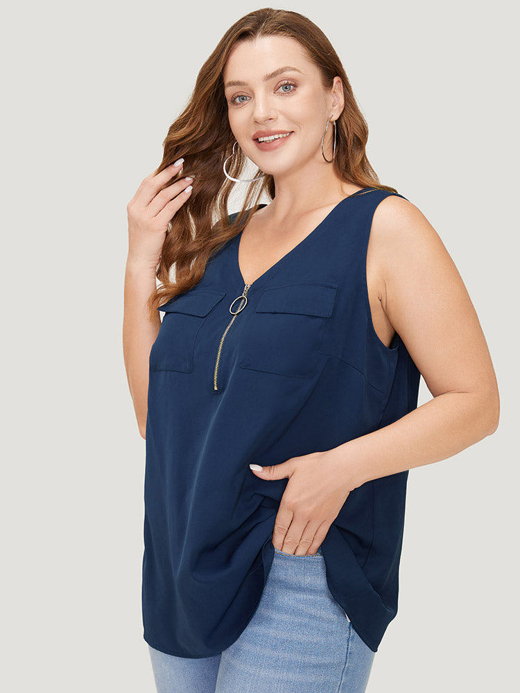 Solid Half Zipper Flap Detail Tank Top