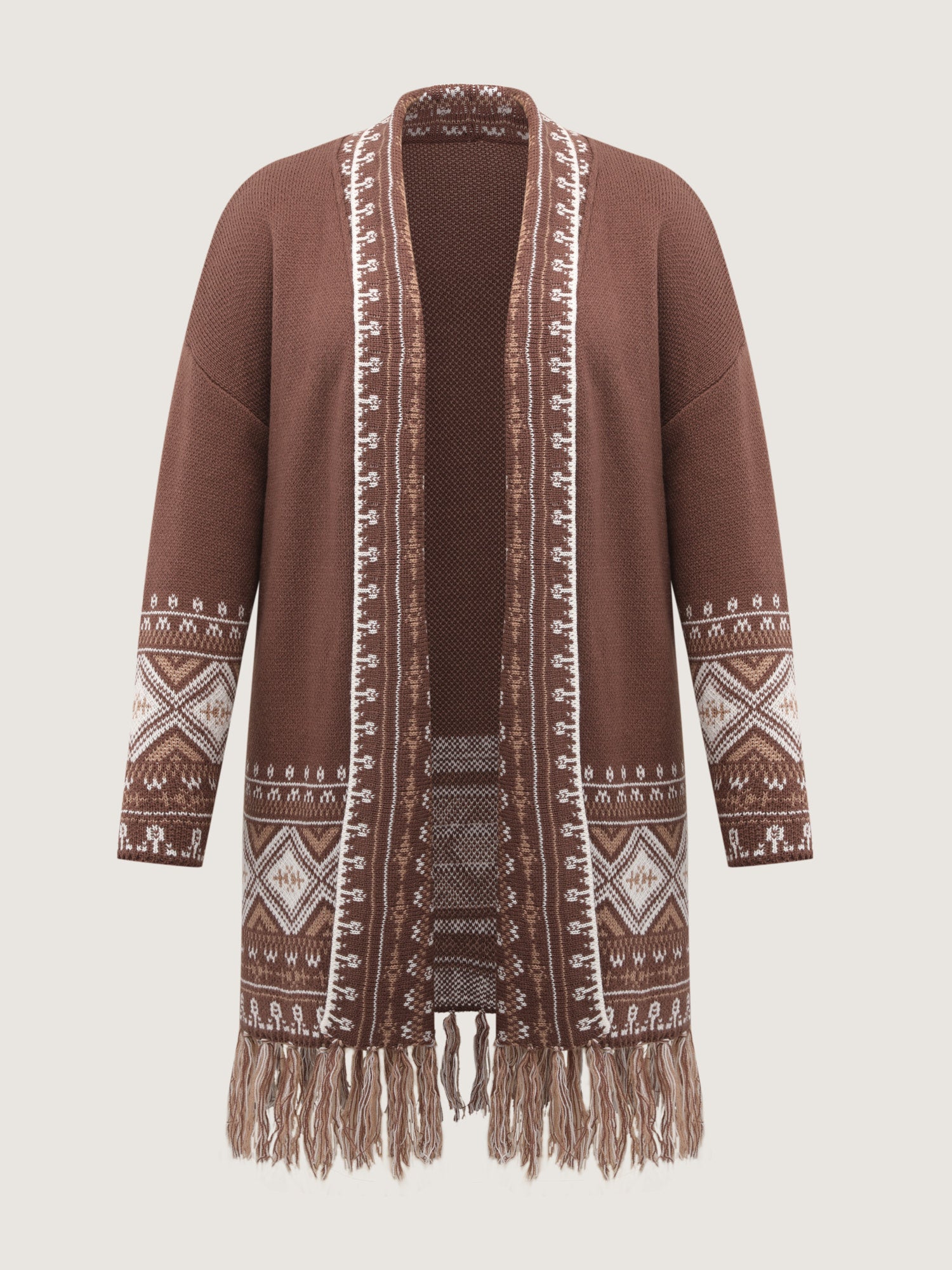 Boho Jacquard Folded Collar Tassels Cardigan