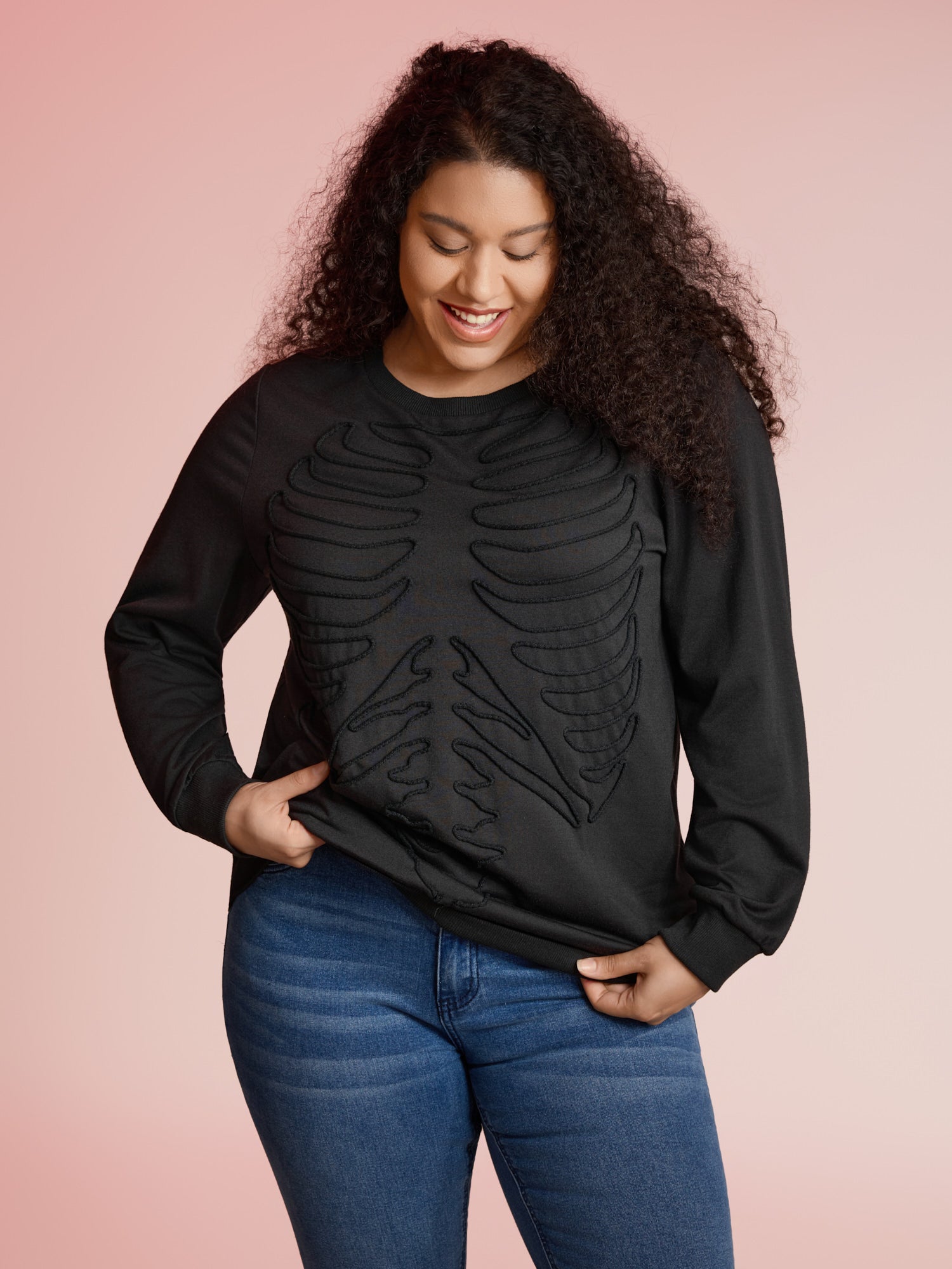 Skeleton Embroidered Crew Neck Sweatshirt