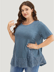 Solid Patchwork Crew Neck Lace Swing T-shirt
