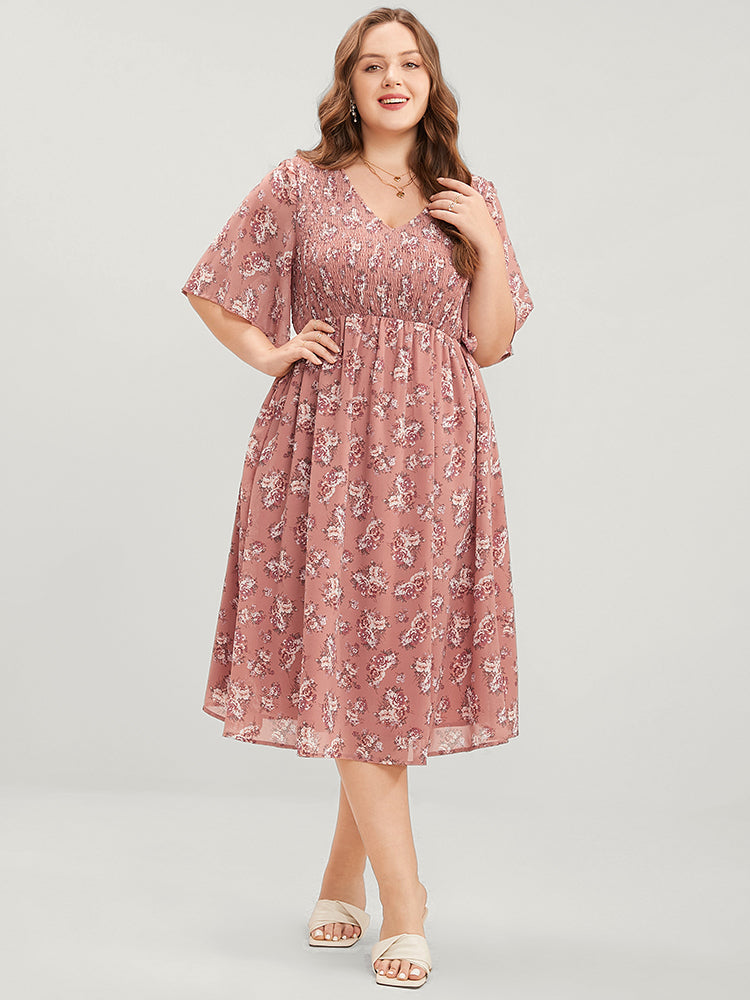 Floral Print V Neck Shirred Pocket Ruffle Dress