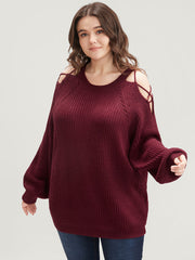 Solid Pointelle Knit Cut Out Lantern Sleeve Knit Top
