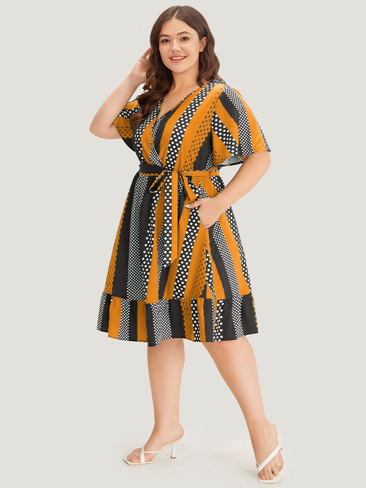 Striped & Polka Dot Graphic Pocket Ruffle Wrap Dress