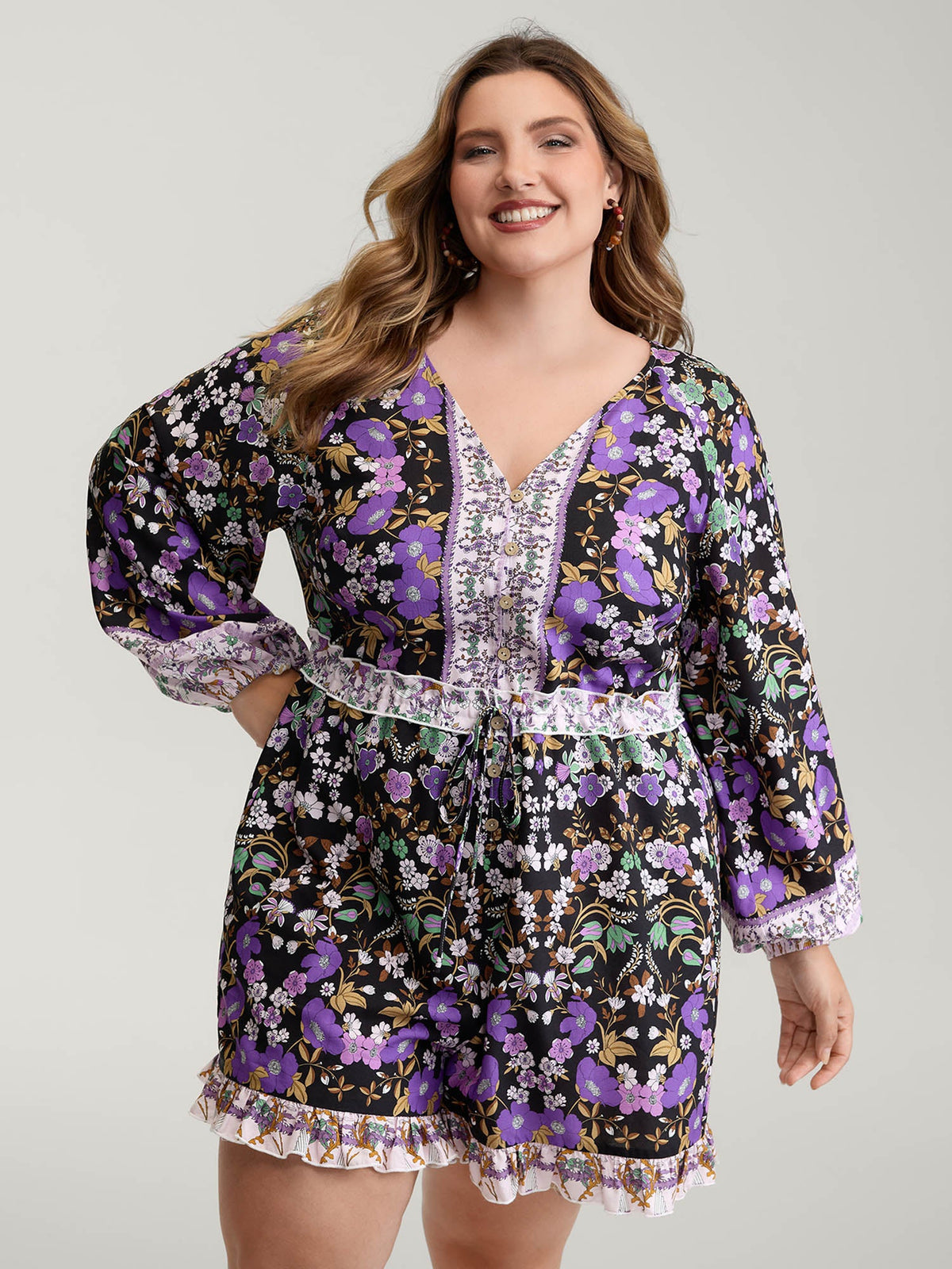 Floral Print Contrast Ruffled Trim Romper