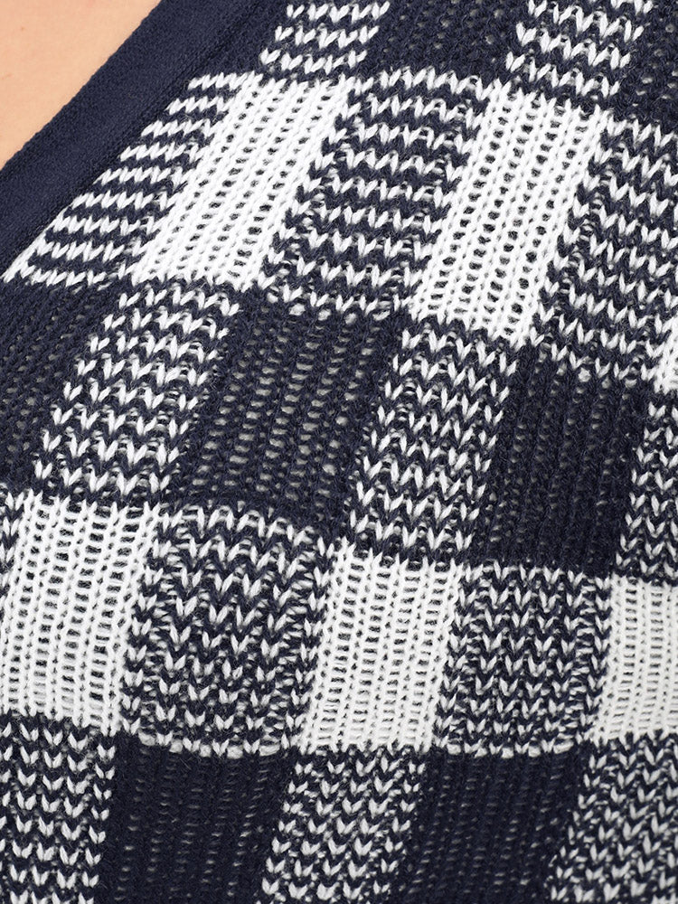 Plaid Pointelle Knit Pocket Button Front Cardigan