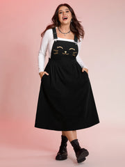 Happy Cat Embroidery Overall Straps Midi Dress