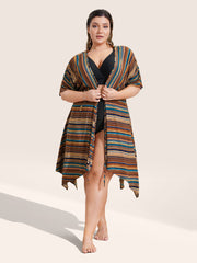Colored Striped Cross Straps Asymmetrical Hem Kimono