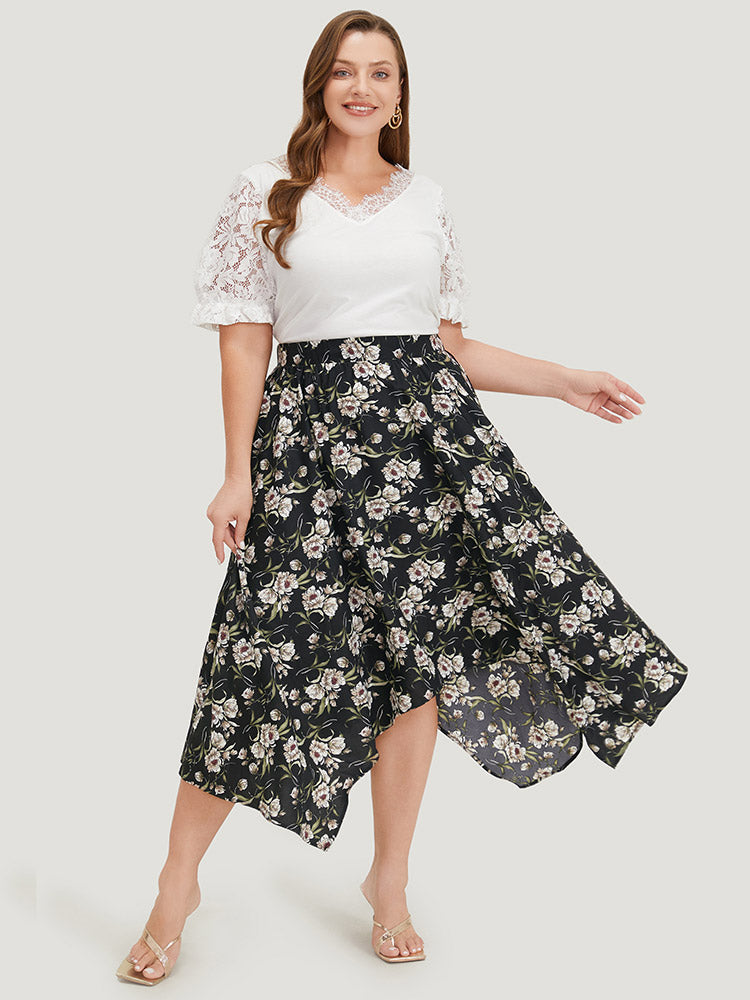 Floral Print Pocket Elastic Waist Hanky Hem Skirt