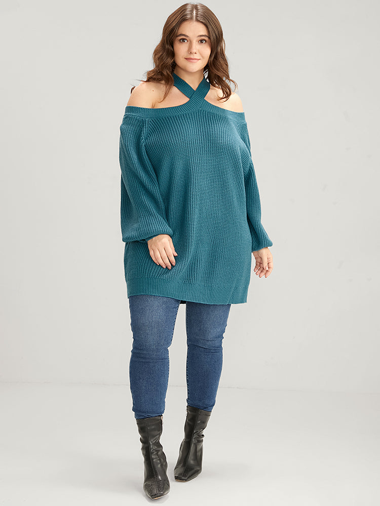 Solid Pointelle Knit Lantern Sleeve Cold Shoulder Knit Top