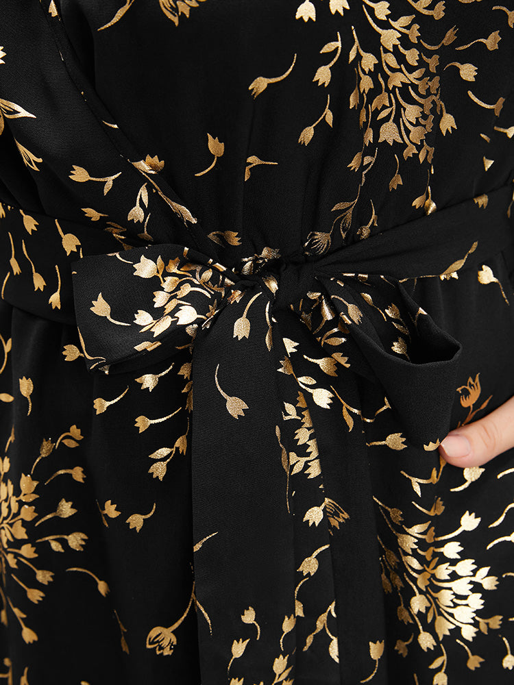 Floral Pocket Lantern Sleeve Belted Surplice Neck Dress