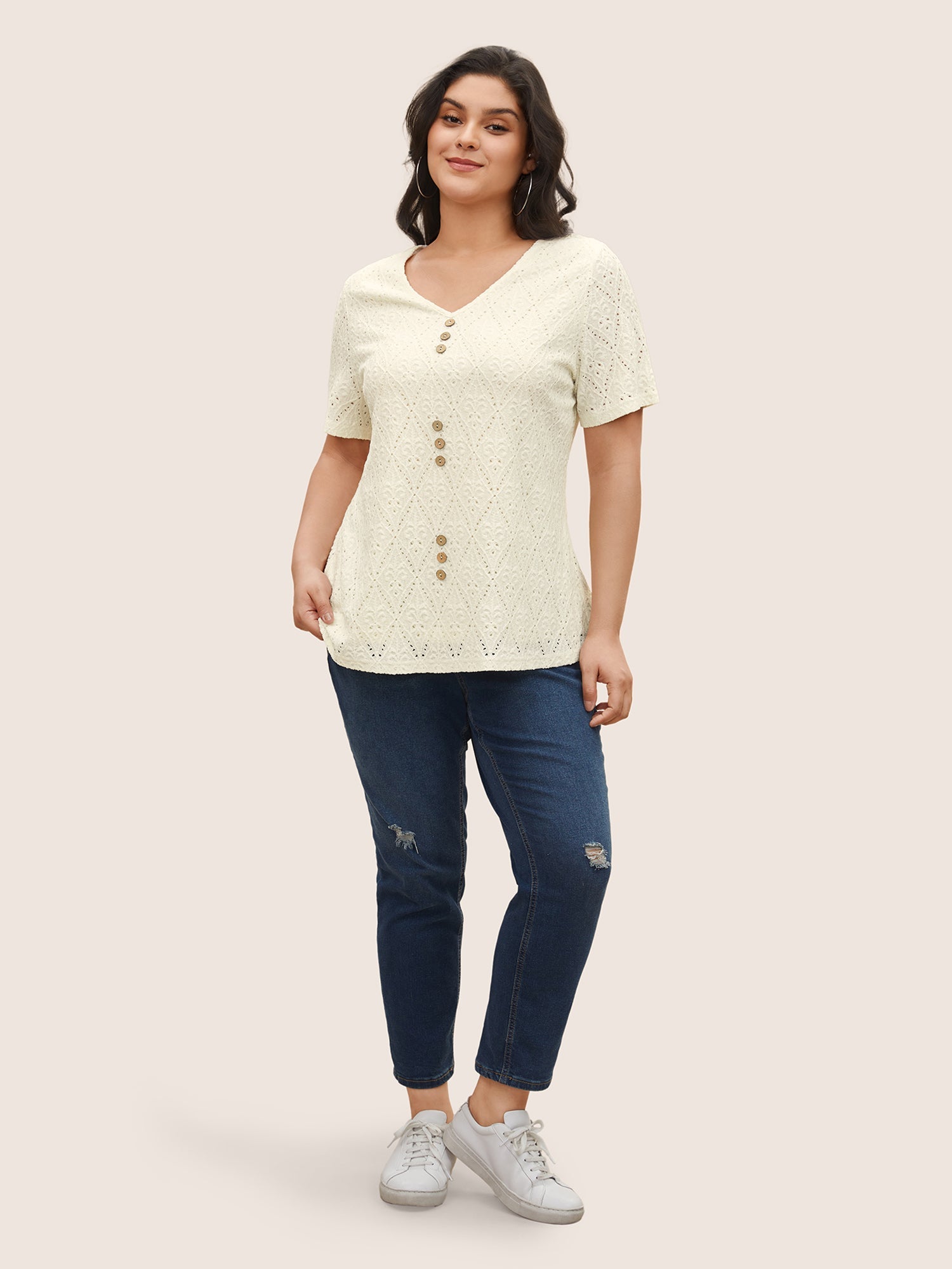 Solid Plisse V Neck Button Detail T-shirt