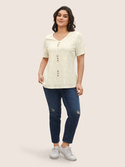 Solid Plisse V Neck Button Detail T-shirt