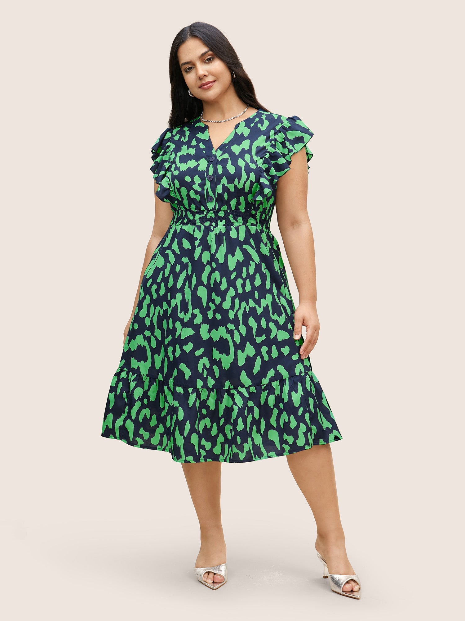 Notched Leopard Print Cap Sleeve Ruffles Dress
