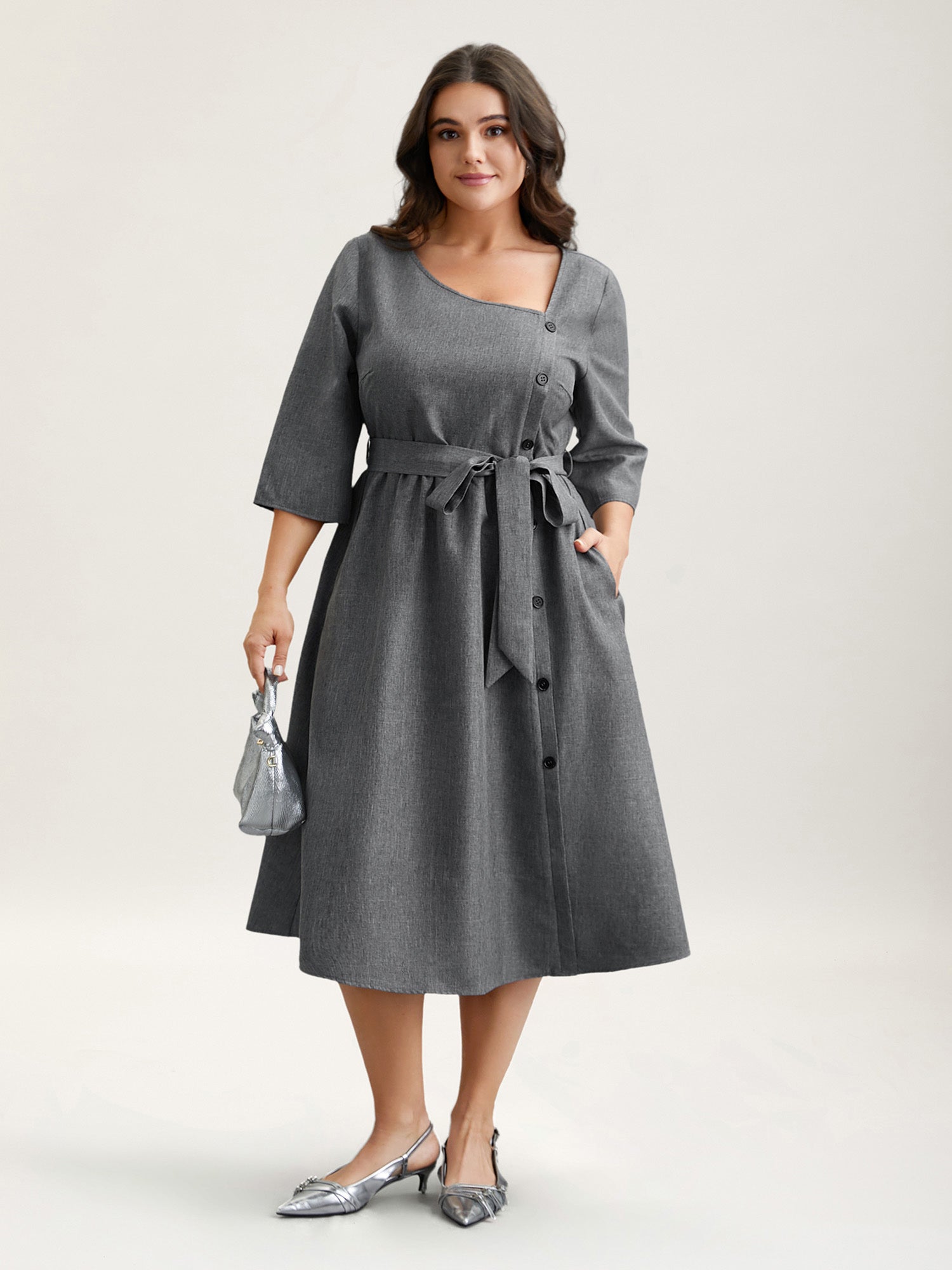 Asymmetrical Neckline Belted Pockets Midi Dress