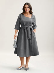 Asymmetrical Neckline Belted Pockets Midi Dress