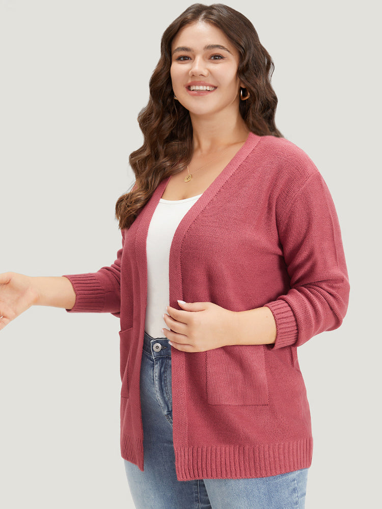 Solid Patched Pocket Open Front Long Sleeve Cardigan