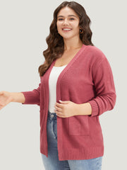 Solid Patched Pocket Open Front Long Sleeve Cardigan