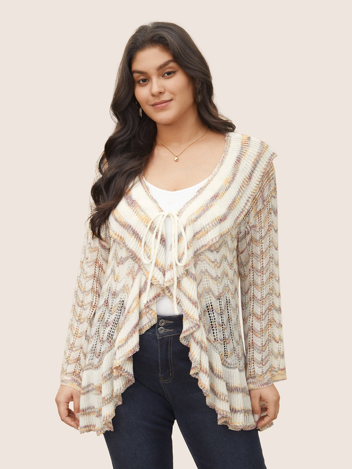 Ombre Heather Ruffle Trim Ties Front Cardigan