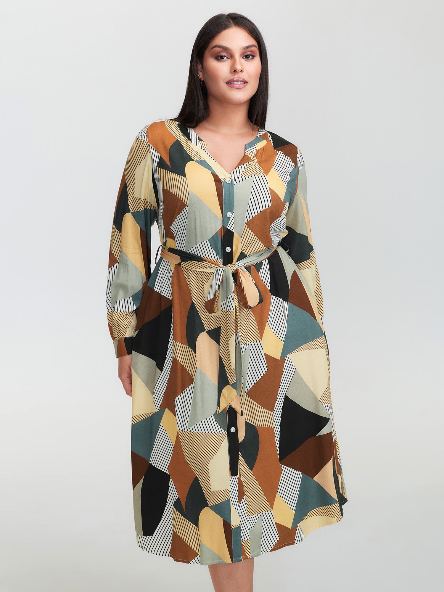 Geometric Print Contrast Tab Sleeve Midi Dress