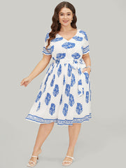 Floral Print Pocket Belted Ruffle Hem Knee Dress