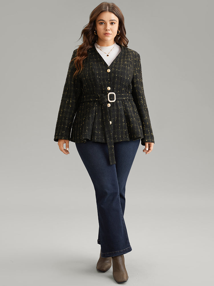Tweed Metal Detail Belted V Neck Blazer