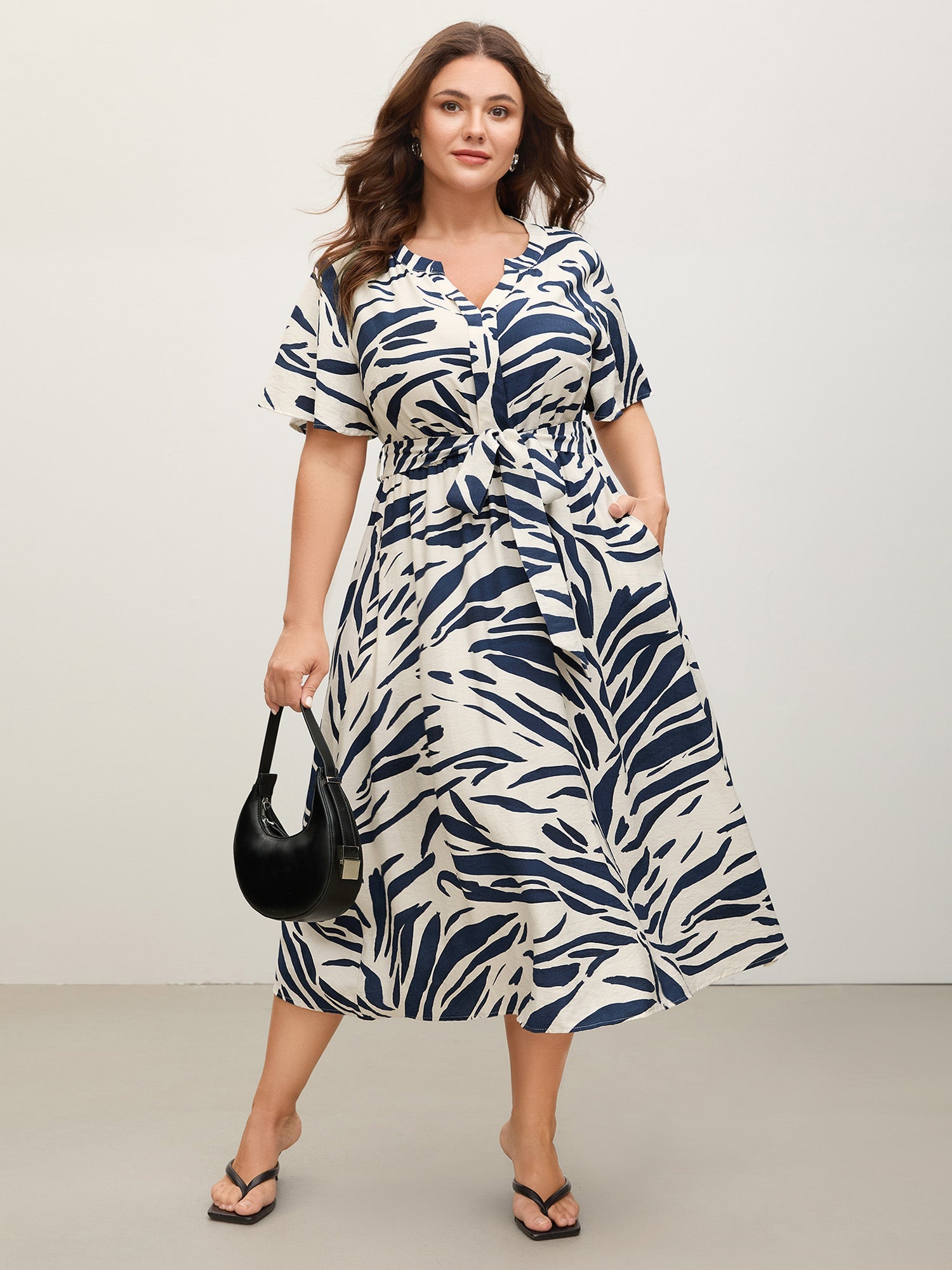 Abstract Print Belted Pockets Midi Dress