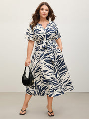 Abstract Print Belted Pockets Midi Dress