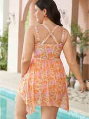 Floral Print O Ring Hanky Hem Crossover Swim Dress